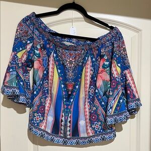 Flying Tomato Blue Multicolor Off-Shoulder Crop Top Large 💐💐